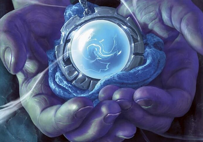 magic amulet in his hands and charges it